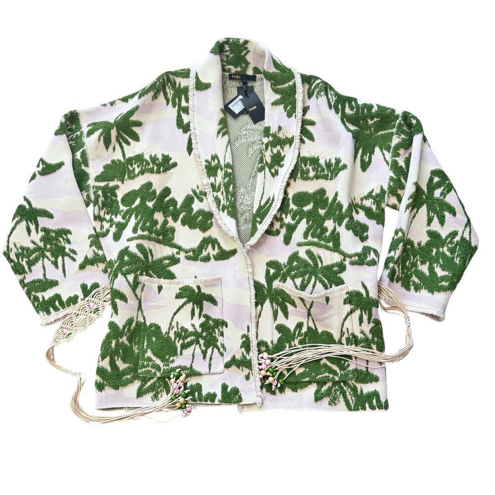 New Maje Imprime Aloha Beige Green Palm Tree Jacket Macrame Belted Sz 1 / US S - Picture 3 of 16